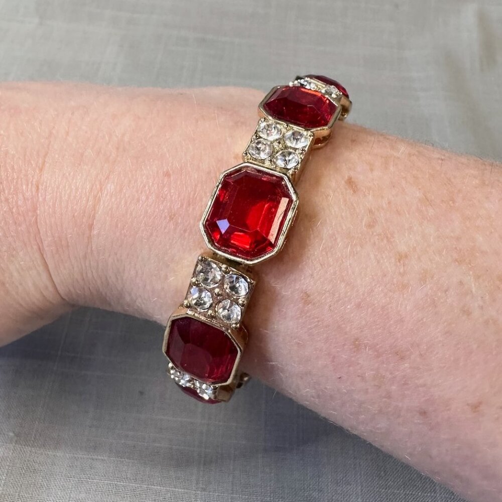 Vintage Red and Clear Rhinestone Chunky Stretchy Bracelet